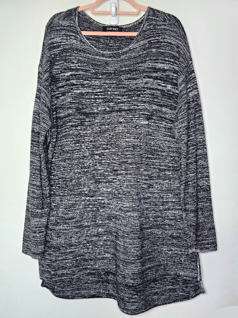 Ellen Tracy Cotton Blend Long Sleeve Tunic Sweater w Side Slits XL Marled
